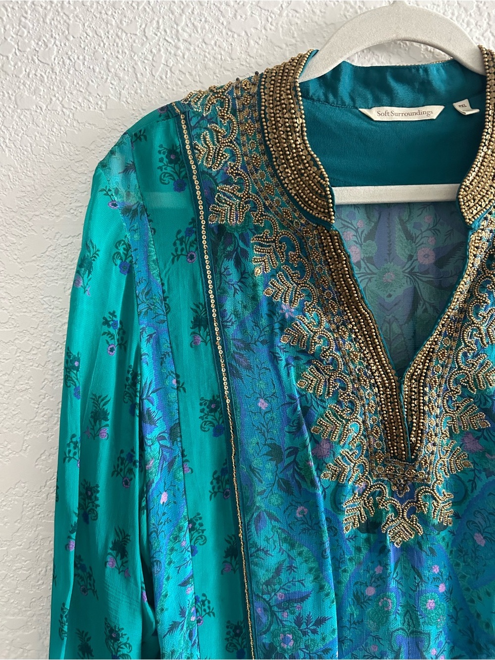 Soft Surroundings Boho Blue Green V-neck Embellished Bronte Tunic Blouse Top - Picture 8 of 11